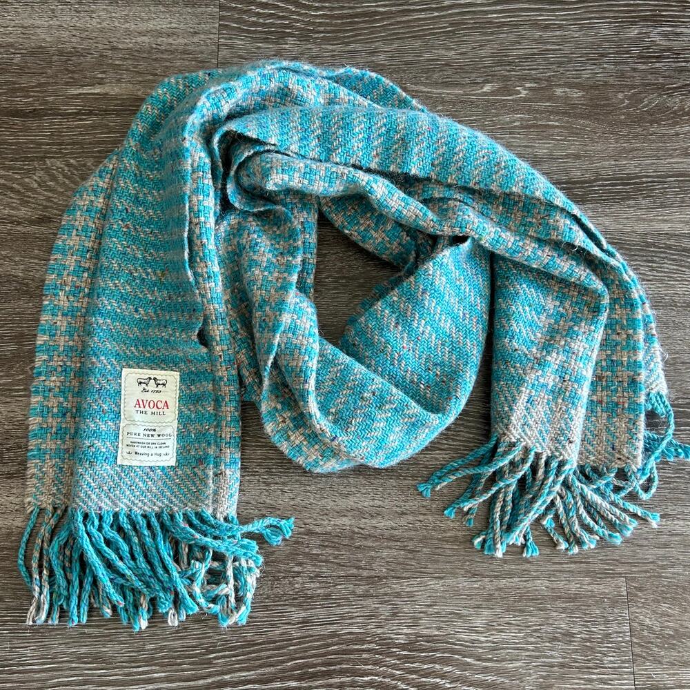 Avoca 100% Wool Blanket Scarf Aqua Blue Fringe Ireland Wrap Irish Wool